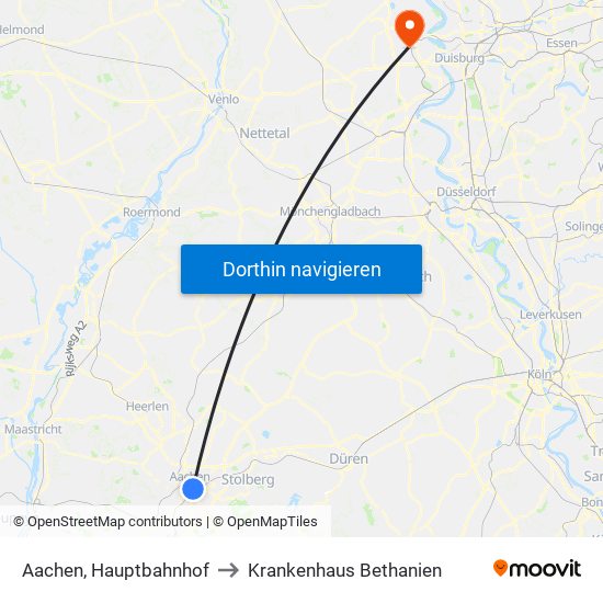 Aachen, Hauptbahnhof to Krankenhaus Bethanien map