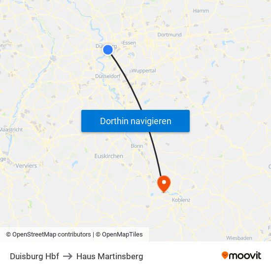 Duisburg Hbf to Haus Martinsberg map