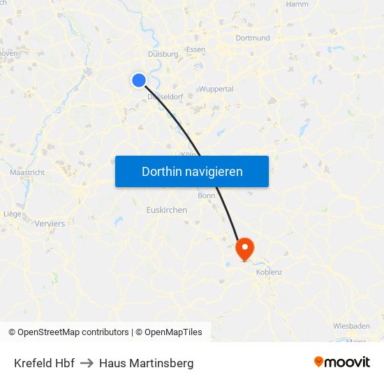 Krefeld Hbf to Haus Martinsberg map