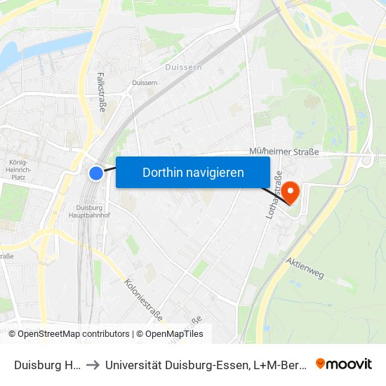 Duisburg Hbf to Universität Duisburg-Essen, L+M-Bereich map