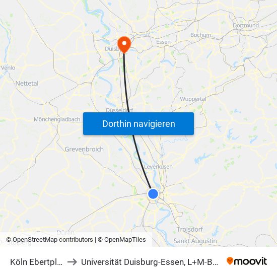 Köln Ebertplatz to Universität Duisburg-Essen, L+M-Bereich map