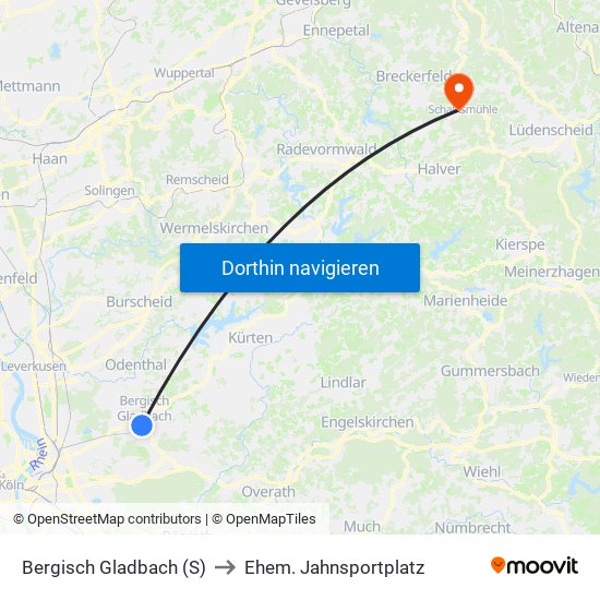 Bergisch Gladbach (S) to Ehem. Jahnsportplatz map