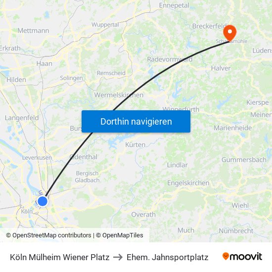 Köln Mülheim Wiener Platz to Ehem. Jahnsportplatz map