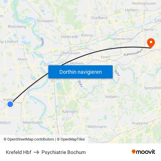 Krefeld Hbf to Psychiatrie Bochum map