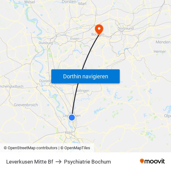 Leverkusen Mitte Bf to Psychiatrie Bochum map