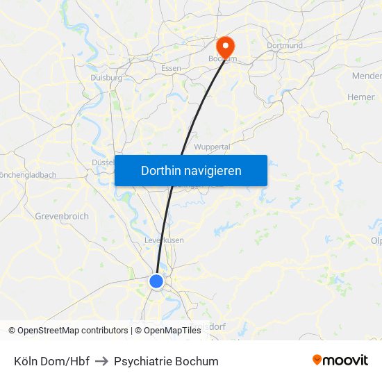 Köln Dom/Hbf to Psychiatrie Bochum map