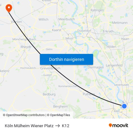 Köln Mülheim Wiener Platz to K12 map