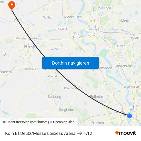 Köln Bf Deutz/Messe Lanxess Arena to K12 map