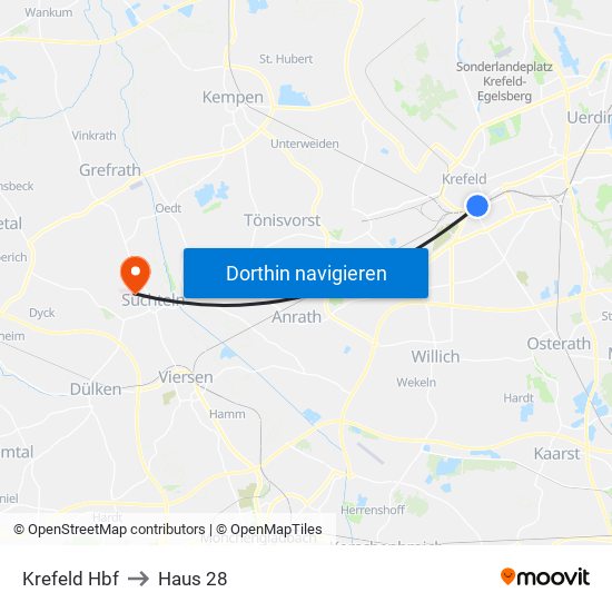 Krefeld Hbf to Haus 28 map