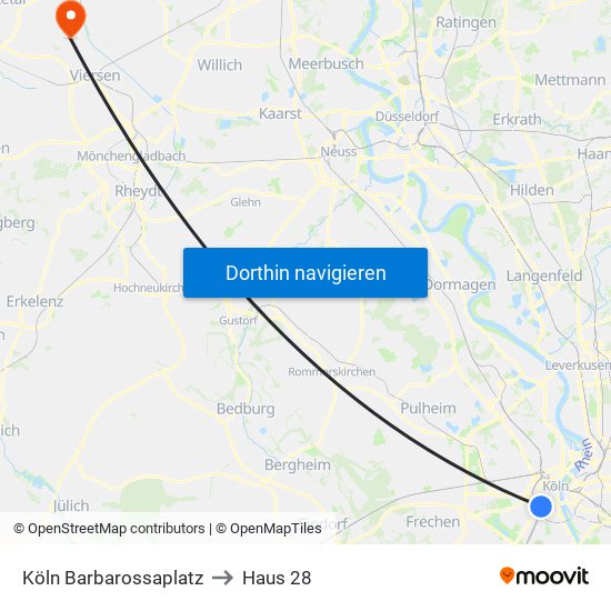 Köln Barbarossaplatz to Haus 28 map