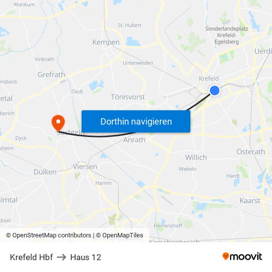 Krefeld Hbf to Haus 12 map