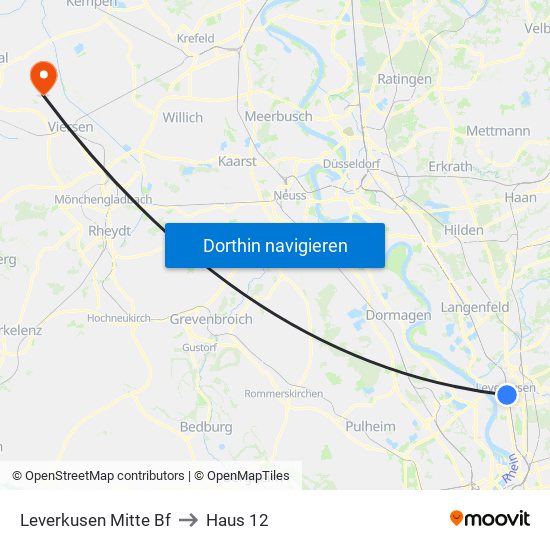 Leverkusen Mitte Bf to Haus 12 map