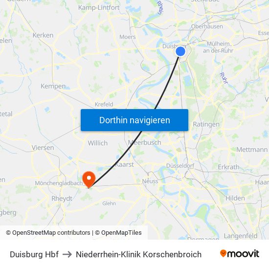 Duisburg Hbf to Niederrhein-Klinik Korschenbroich map