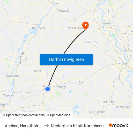 Aachen, Hauptbahnhof to Niederrhein-Klinik Korschenbroich map