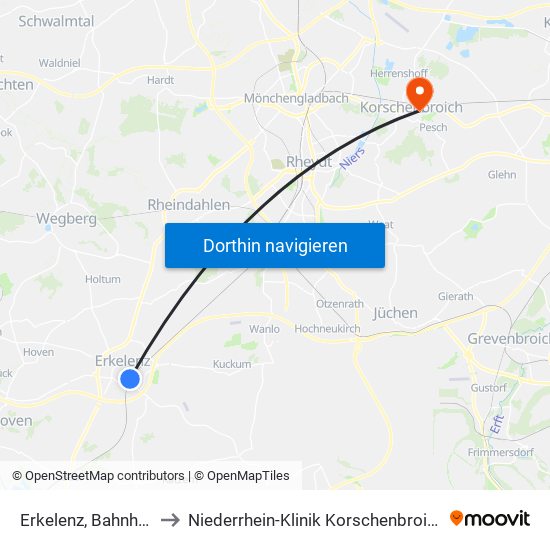 Erkelenz, Bahnhof to Niederrhein-Klinik Korschenbroich map