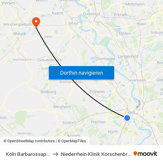 Köln Barbarossaplatz to Niederrhein-Klinik Korschenbroich map