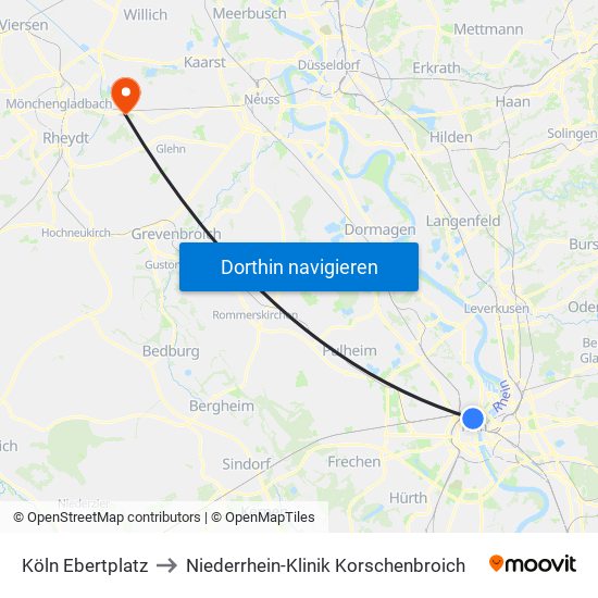 Köln Ebertplatz to Niederrhein-Klinik Korschenbroich map