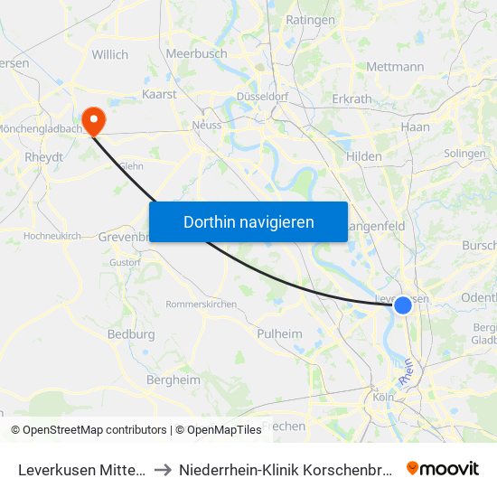 Leverkusen Mitte Bf to Niederrhein-Klinik Korschenbroich map