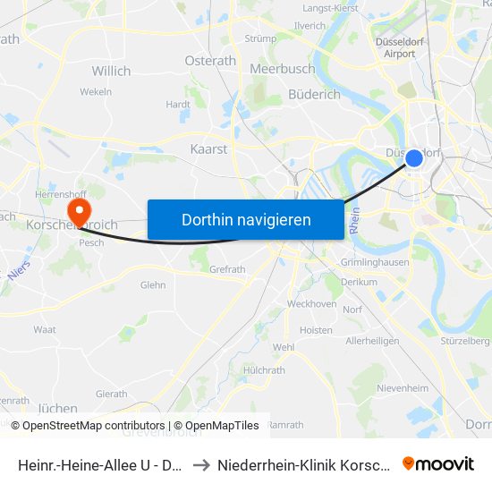 Heinr.-Heine-Allee U - Düsseldorf to Niederrhein-Klinik Korschenbroich map
