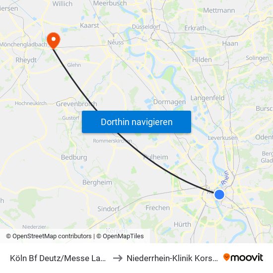 Köln Bf Deutz/Messe Lanxess Arena to Niederrhein-Klinik Korschenbroich map