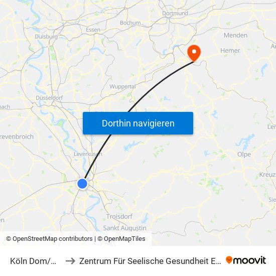 Köln Dom/Hbf to Zentrum Für Seelische Gesundheit Elsey map