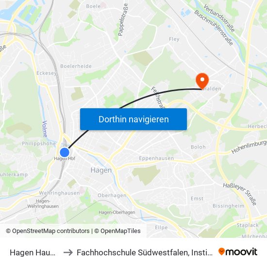 Hagen Hauptbahnhof to Fachhochschule Südwestfalen, Institut Für Verbundstudien map