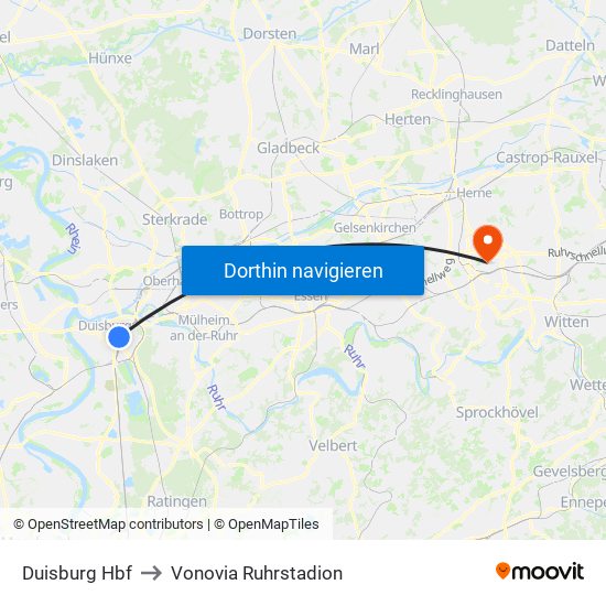 Duisburg Hbf to Vonovia Ruhrstadion map