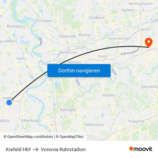 Krefeld Hbf to Vonovia Ruhrstadion map