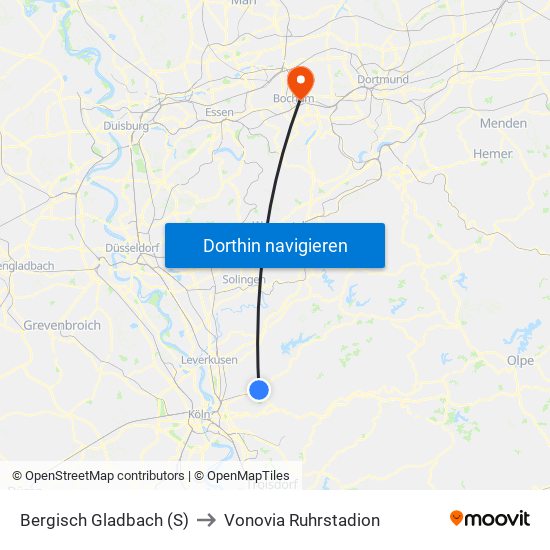 Bergisch Gladbach (S) to Vonovia Ruhrstadion map