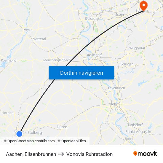 Aachen, Elisenbrunnen to Vonovia Ruhrstadion map