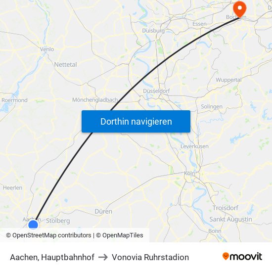 Aachen, Hauptbahnhof to Vonovia Ruhrstadion map