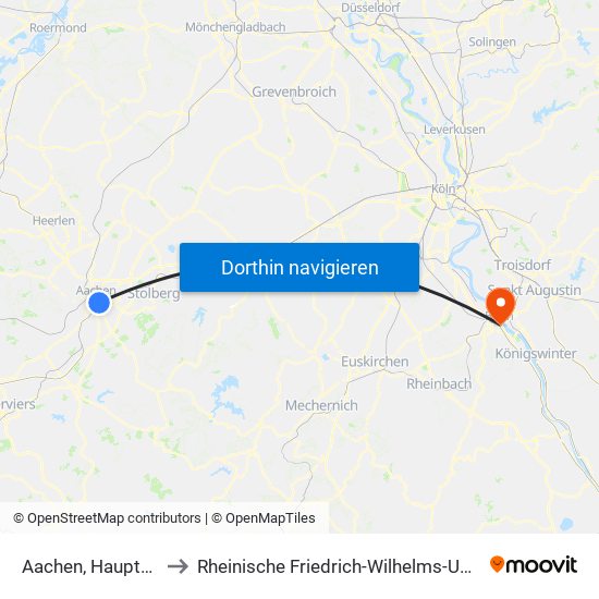 Aachen, Hauptbahnhof to Rheinische Friedrich-Wilhelms-Universität Bonn map