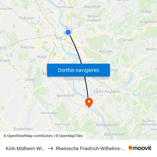 Köln Mülheim Wiener Platz to Rheinische Friedrich-Wilhelms-Universität Bonn map