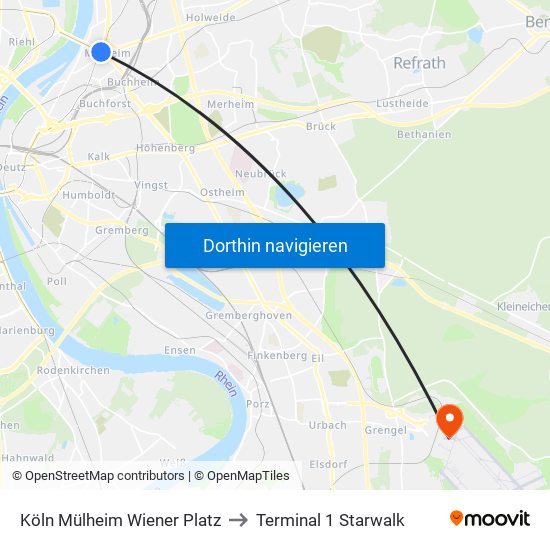 Köln Mülheim Wiener Platz to Terminal 1 Starwalk map