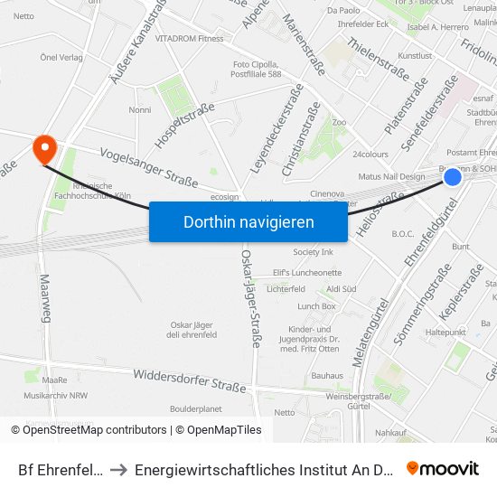 Bf Ehrenfeld - Köln to Energiewirtschaftliches Institut An Der Universität Zu Köln map