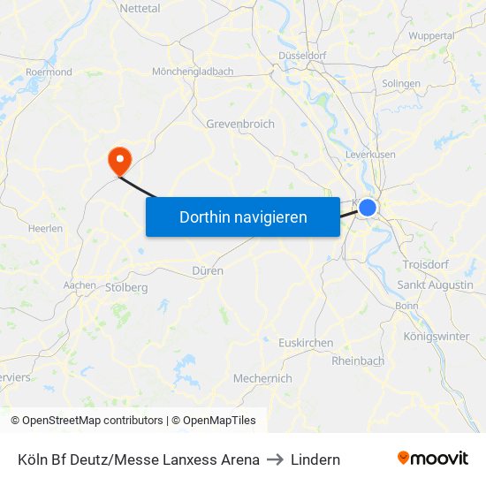 Köln Bf Deutz/Messe Lanxess Arena to Lindern map
