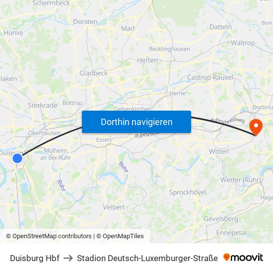 Duisburg Hbf to Stadion Deutsch-Luxemburger-Straße map