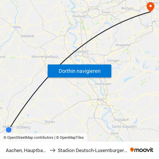 Aachen, Hauptbahnhof to Stadion Deutsch-Luxemburger-Straße map