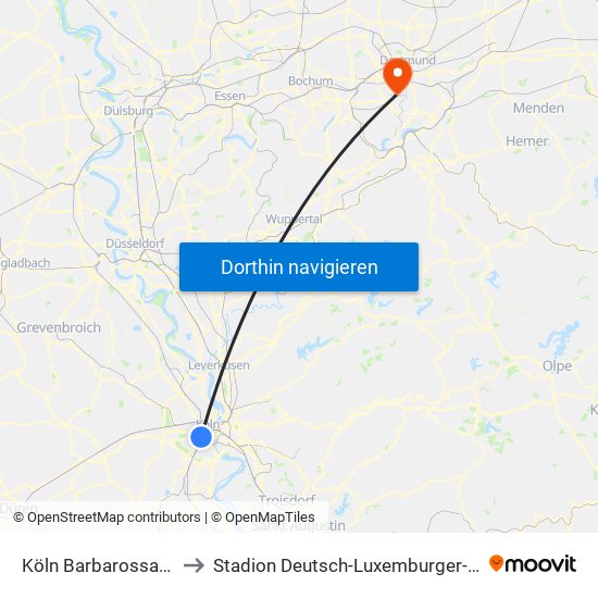 Köln Barbarossaplatz to Stadion Deutsch-Luxemburger-Straße map