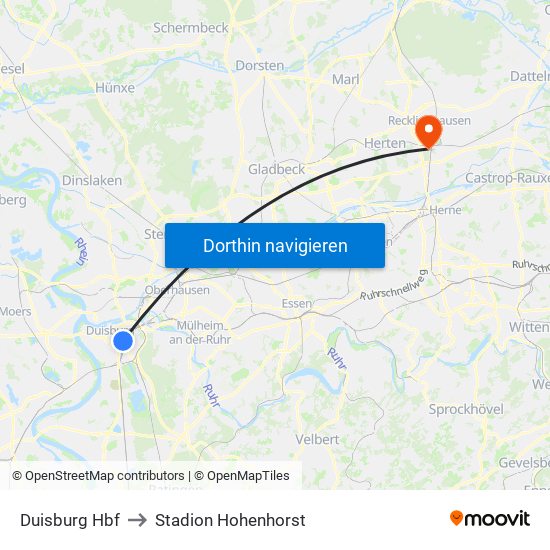 Duisburg Hbf to Stadion Hohenhorst map