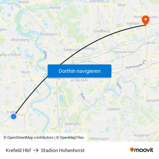 Krefeld Hbf to Stadion Hohenhorst map