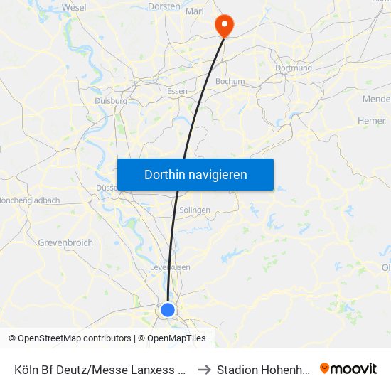 Köln Bf Deutz/Messe Lanxess Arena to Stadion Hohenhorst map