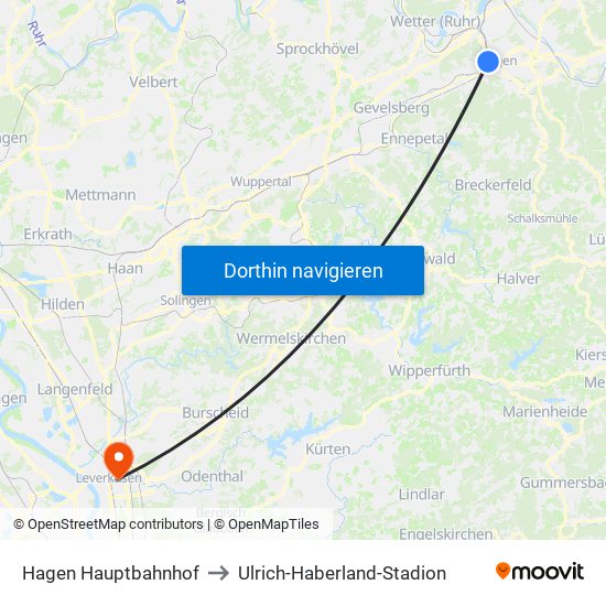 Hagen Hauptbahnhof to Ulrich-Haberland-Stadion map