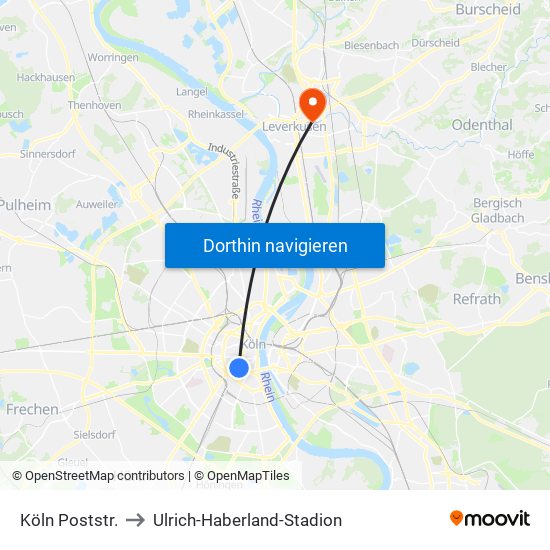 Köln Poststr. to Ulrich-Haberland-Stadion map