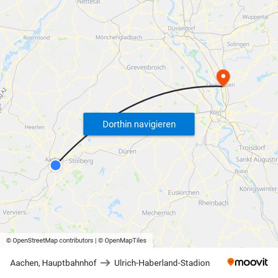 Aachen, Hauptbahnhof to Ulrich-Haberland-Stadion map