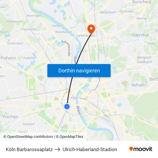 Köln Barbarossaplatz to Ulrich-Haberland-Stadion map