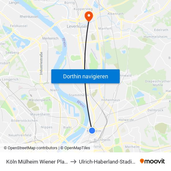 Köln Mülheim Wiener Platz to Ulrich-Haberland-Stadion map