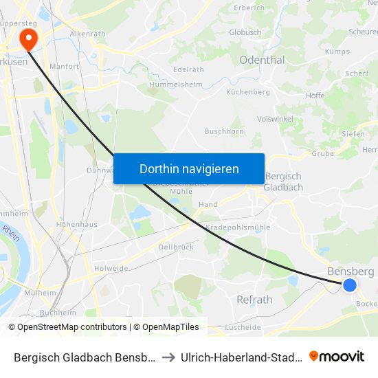 Bergisch Gladbach Bensberg to Ulrich-Haberland-Stadion map