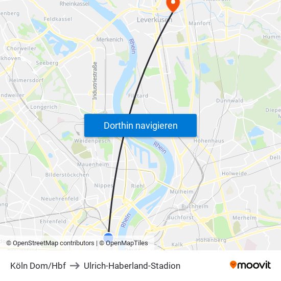 Köln Dom/Hbf to Ulrich-Haberland-Stadion map