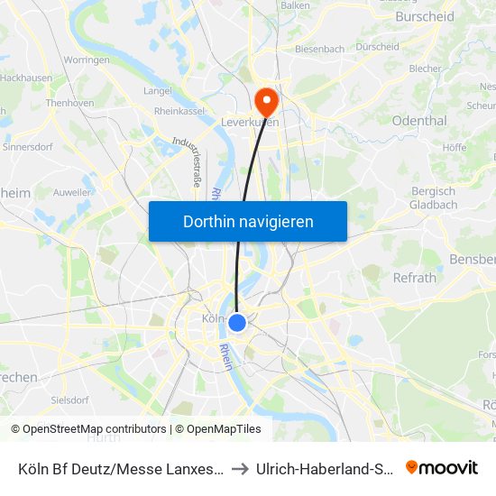 Köln Bf Deutz/Messe Lanxess Arena to Ulrich-Haberland-Stadion map
